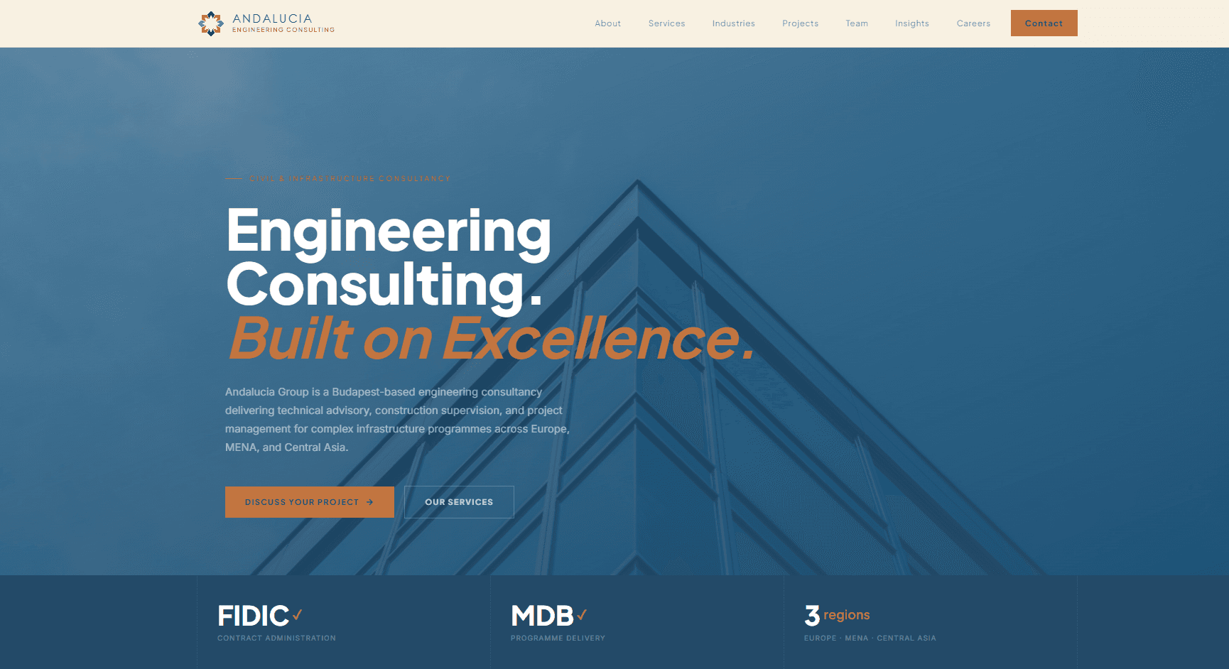 Andalucia website homepage screenshot showing engineering consulting hero content and navigation.